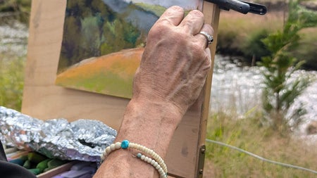 A close up of someone painting a landscape at an easel