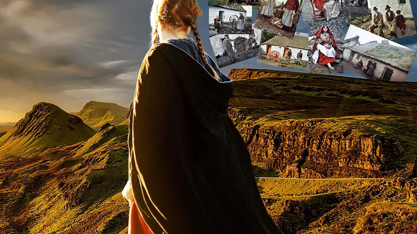 Image of girl wearing a cloak looking out onto a scenic rocky landscape