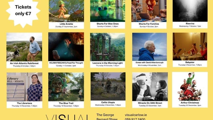 Various cinema screenings listed on a yellow background