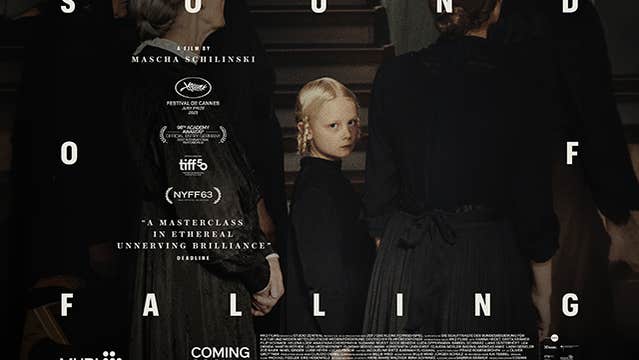 Dark poster for film Sound of Falling with small, serious looking child in centre of 2 dark figures.