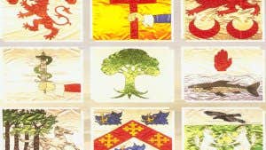 A series of family flags and crests