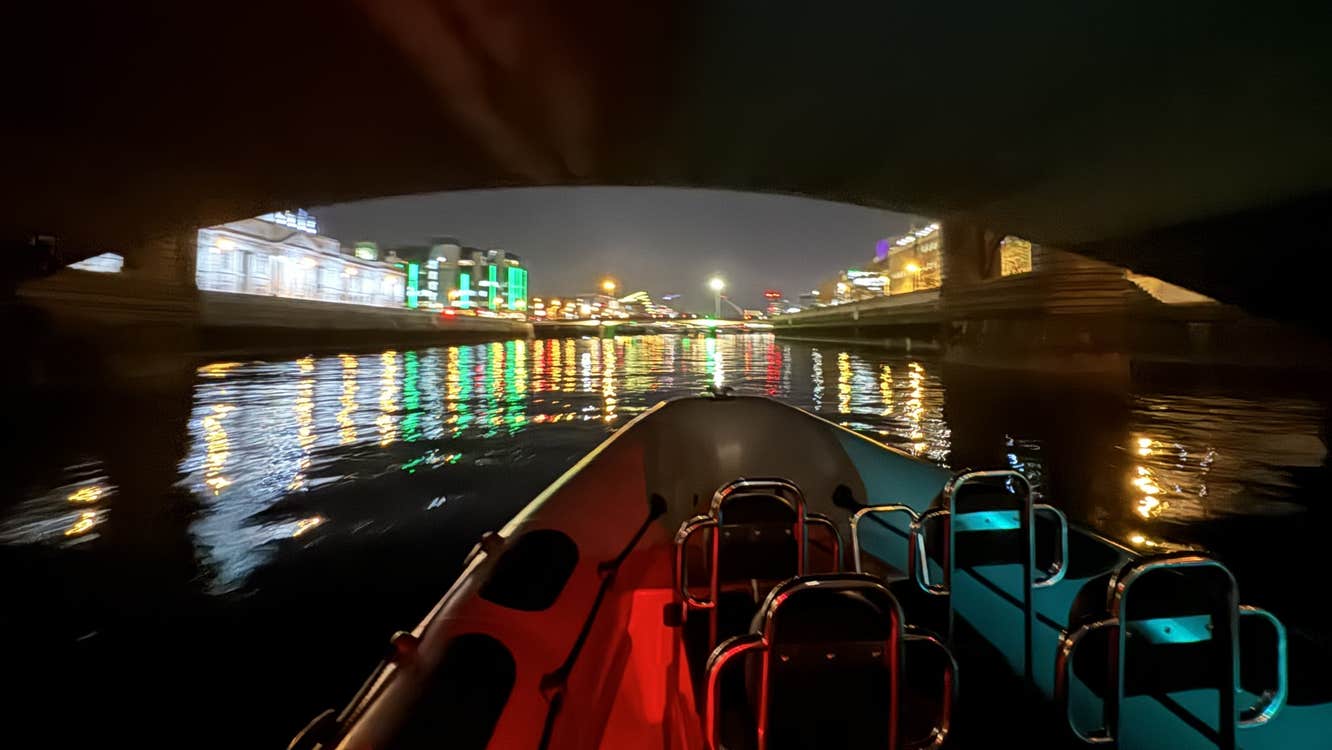 The Customs house comes into view as the RIB emerges from underneath a bridge.