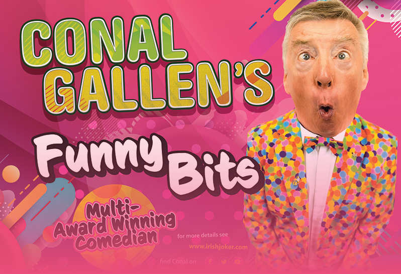 Conal Gallen – Funny Bits. A man in a dotted, multi coloured jacket and bow tie, slightly cross-eyed, mouth in 'o' shape, with text in green and pale pink, all against pink background.