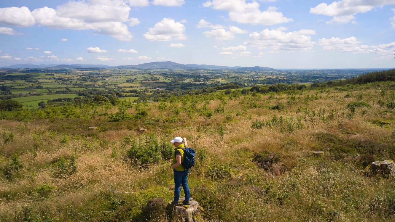 A hiker looking out onto a grassy landscape with hills in the distance