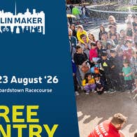 Poster for Dublin Maker Festival 2026 with crowd watching an experiment with water outdoors.