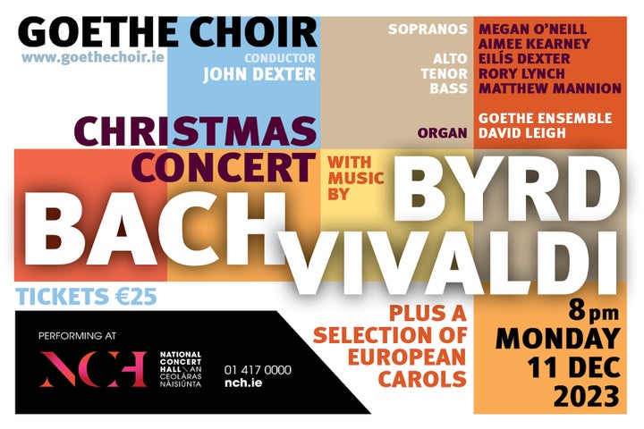 Goethe Choir Christmas Concert Flyer - black and white text against blocks of different colours in red, beige and orange.