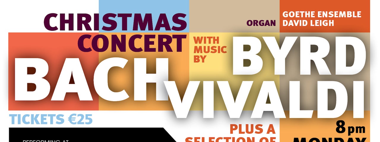 Goethe Choir Christmas Concert Flyer - black and white text against blocks of different colours in red, beige and orange.
