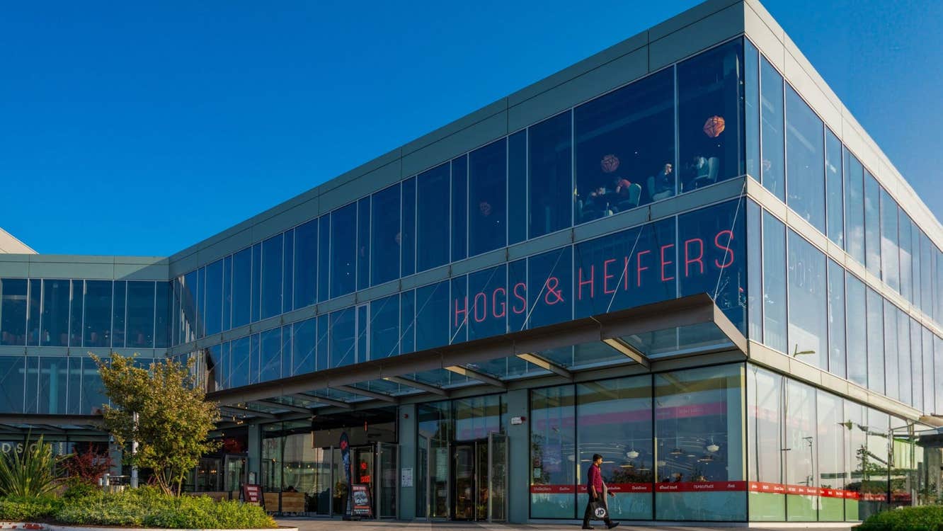 Glass front exterior of Hogs & Heifers restaurant