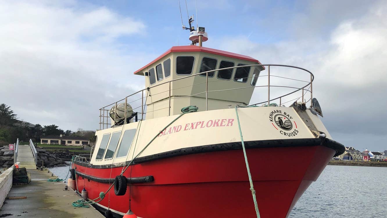 The Island Explorer cruising vessel with Kenmare Bay Cruises moored in Kenmare Pier