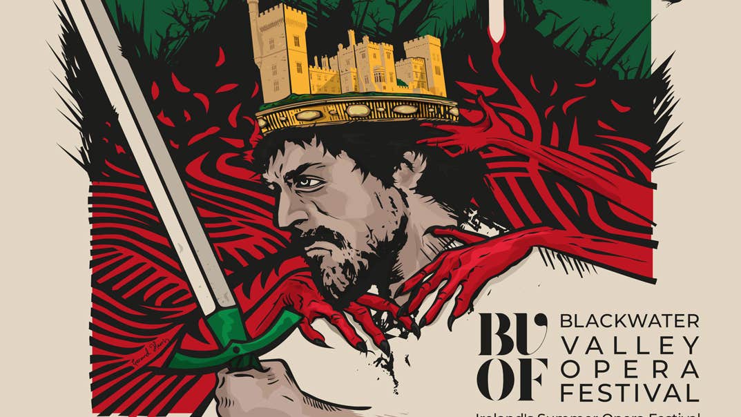 Part of promotional poster with drawing of an image of Macbeth, a view of the right hand side of a man with a beard, a crown on head in the shape of a castle, he's holding up a long sword in hand against read, black swirling background, with event text in bottom right corner.