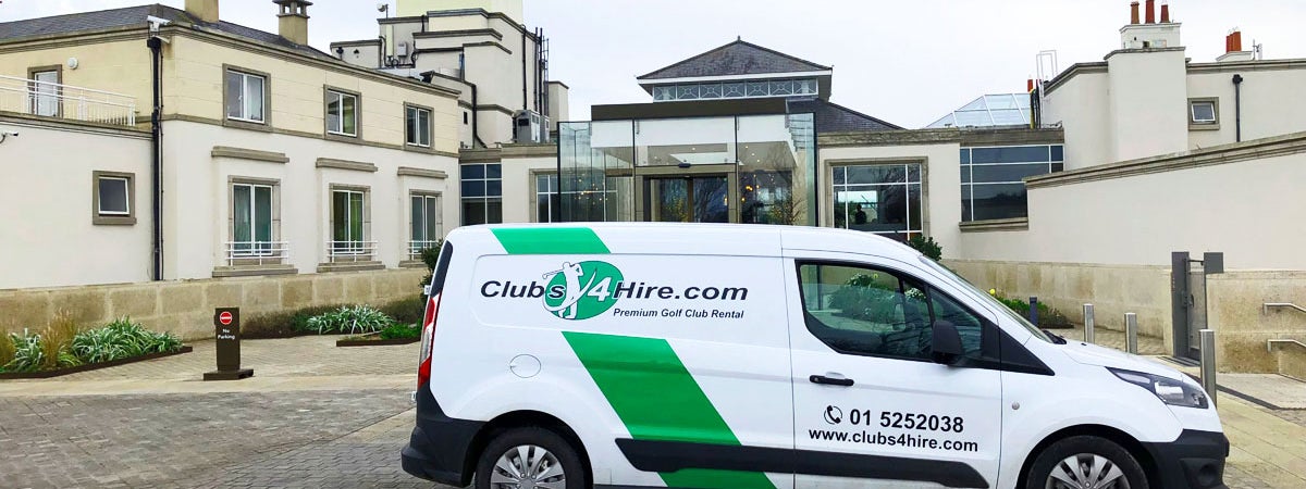 Clubs 4 Hire van in front of a country club entrance