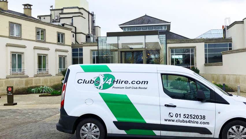 Clubs 4 Hire van in front of a country club entrance