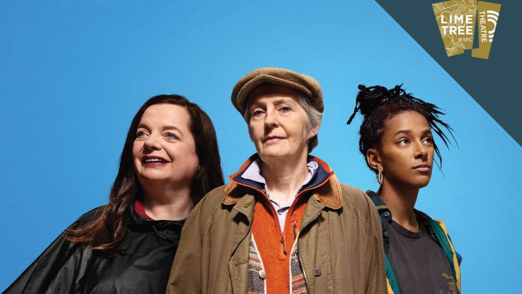 3 women all dressed differently looking in different directions against bright blue background.