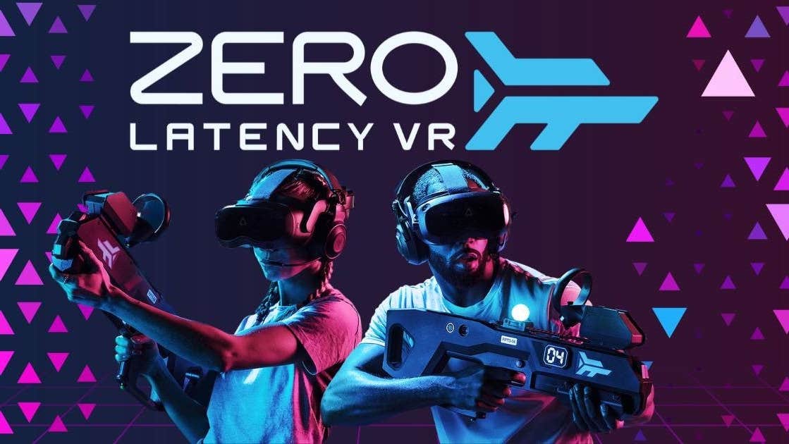 Two people using gaming equipment posing against a pink and purple background