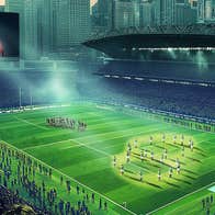 Rugby pitch and screen image of Anthony Axel Foley representing Soldier Field play celebrating his life, Irish rubgy, Irish fans and the challenge of the All Blacks.