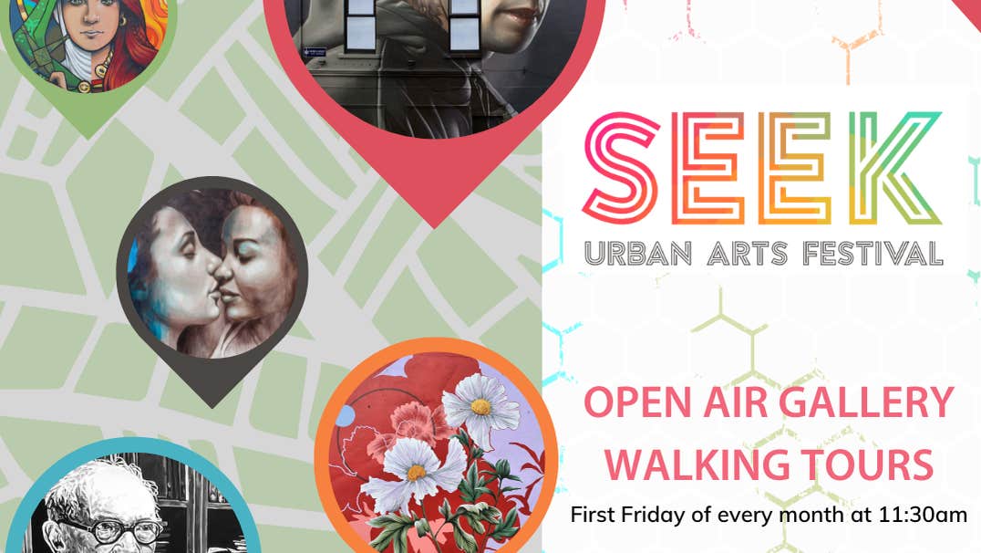 SEEK Urban Arts Walking Tours, part of poster with faint white and green map with large pin drops containing different works of art.