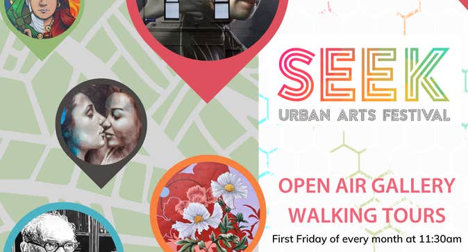 SEEK Urban Arts Walking Tours, part of poster with faint white and green map with large pin drops containing different works of art.