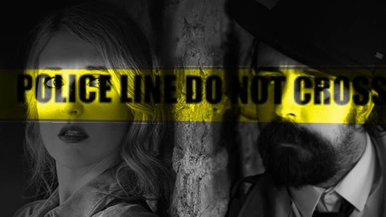 Murder Is For Other People - Black and white dimly lit photo of 2 people with a yellow stripe across their eyes containing black text.