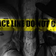 Murder Is For Other People - Black and white dimly lit photo of 2 people with a yellow stripe across their eyes containing black text.