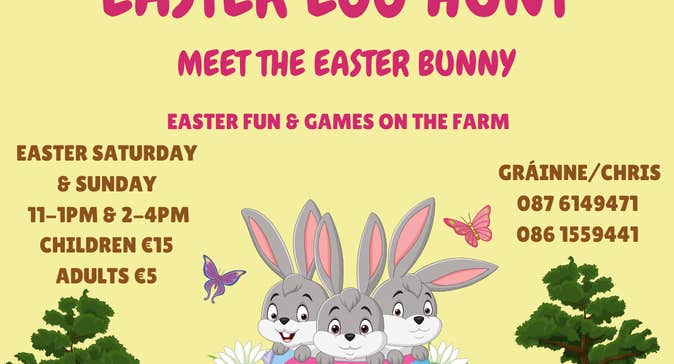 Part of poster with pale yellow background, pink or brown event text info and cartoon image of 3 grey bunnies sitting in a easter egg with daisy flowers.