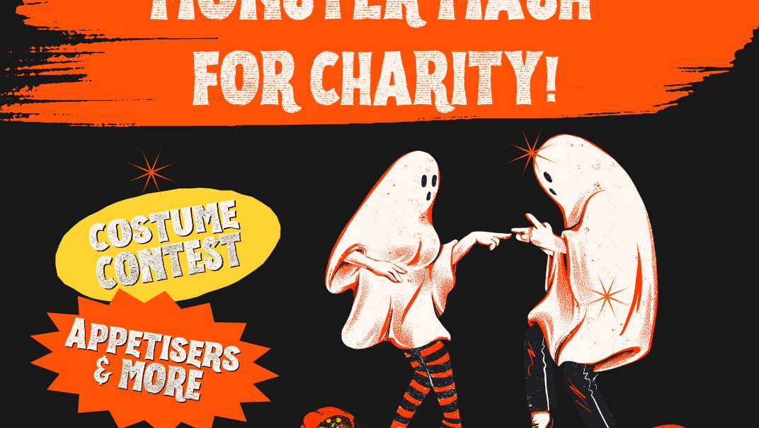 Poster for Monster Mash for Charity! with 2 dancing cartoon type figures with upper bodies covered in white ghost costume.