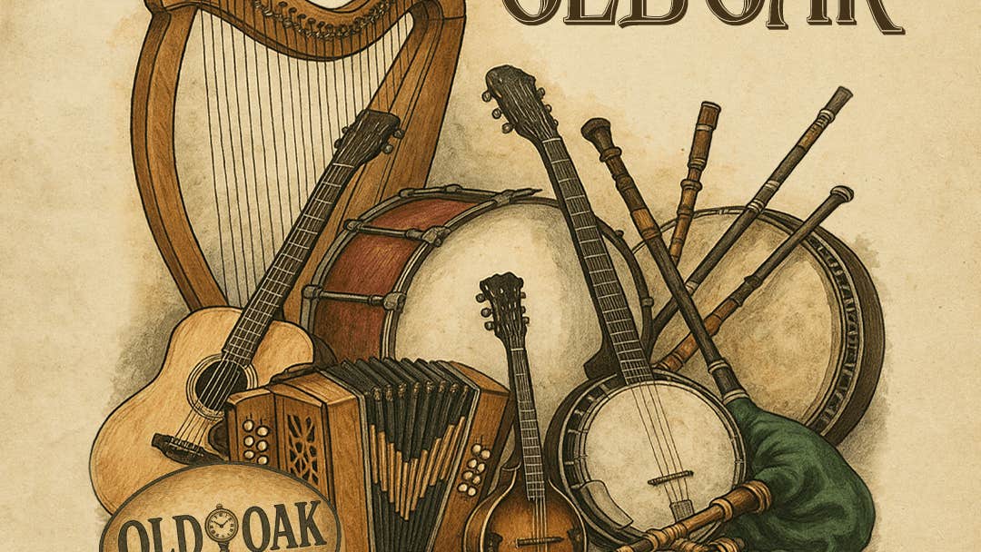 Beige and brown poster with hand drawn Irish musical instruments