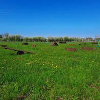 Field of grass with obstacles in it and a blue sky over head