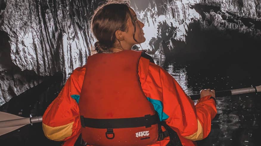 Roz Purcell kayaking through a cave on Lough Hyne