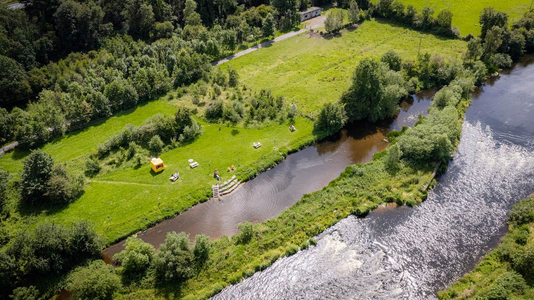 Aerial image of people at Weir Pool in Thomastown in County Kilkenny.