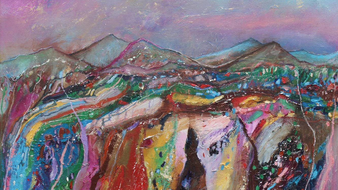 An abstract painting featuring mountains in a mix of colours