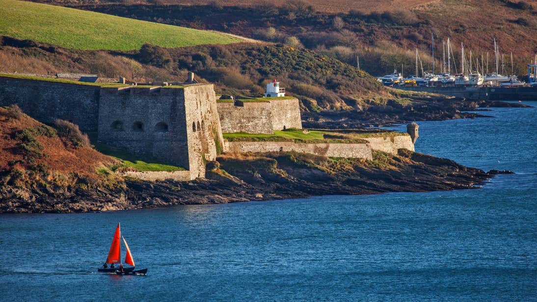 A view of Charles Fort and Kinsale Harbour with boats in the background