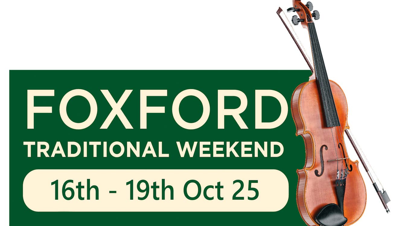 Logo for Foxford Traditional Weekend, a violin and bow resting vertically against greensign with event text in cream.