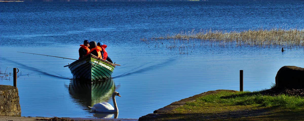 Three people in a fishing boat on a lake near a pier with a swan in view near the pier