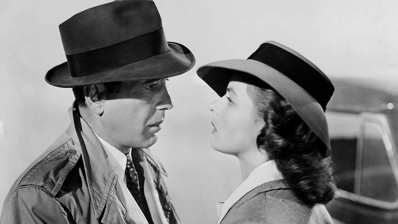 Humphrey Bogart and Ingrid Bergman as they appeared in "Casablanca" are staring into each others eyes.