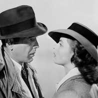 Humphrey Bogart and Ingrid Bergman as they appeared in "Casablanca" are staring into each others eyes.