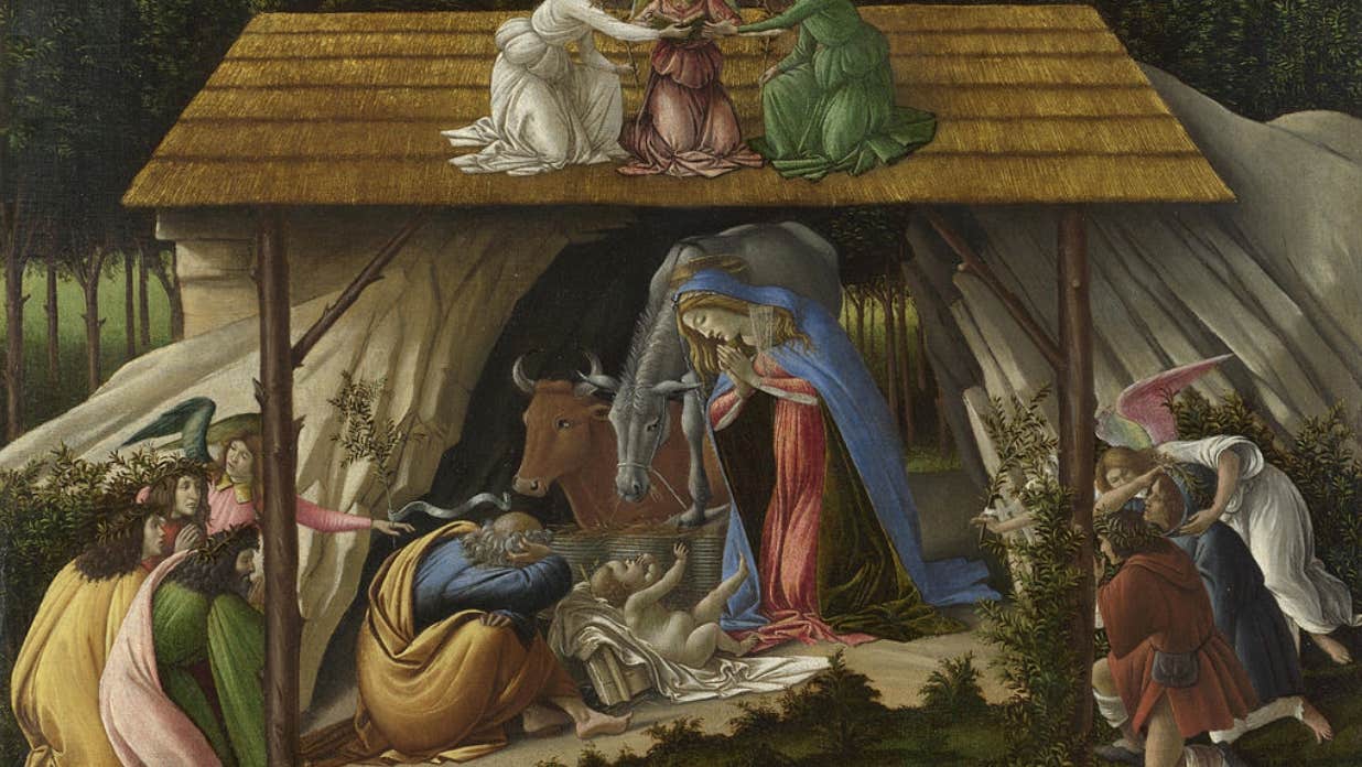 The Mystic Nativity by Sandro Botticelli. It depicts the Nativity.