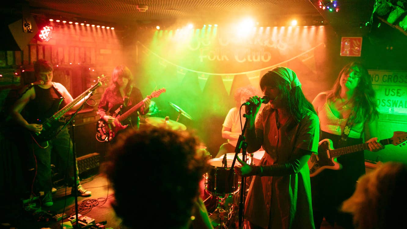 This is a picture of alternative rock band Girlfriend performing in DeBarras Folk Club as part of Clonakilty International Guitar Festival 2023