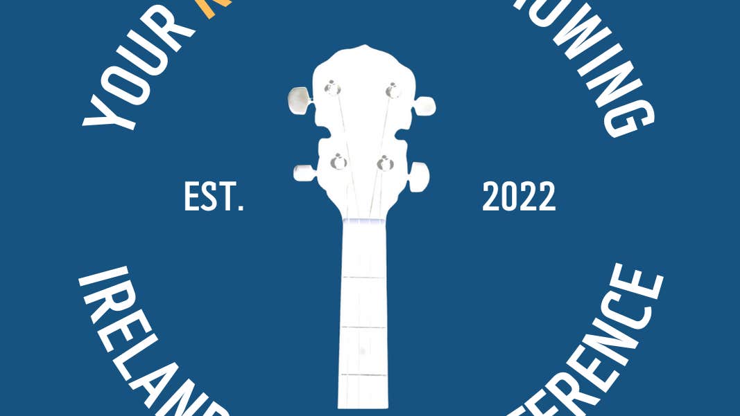 Blue background with white neck and head of a guitar in the centre and text around the outside in a circle.