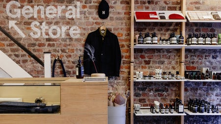 A retail display space of Aesop skincare at Indigo & Cloth