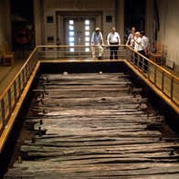 A group of people at a display at Corlea Trackway in County Longford.