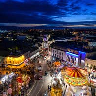 An aerial view of the Galway Christmas Market that takes over Eyre Square in Galway City.