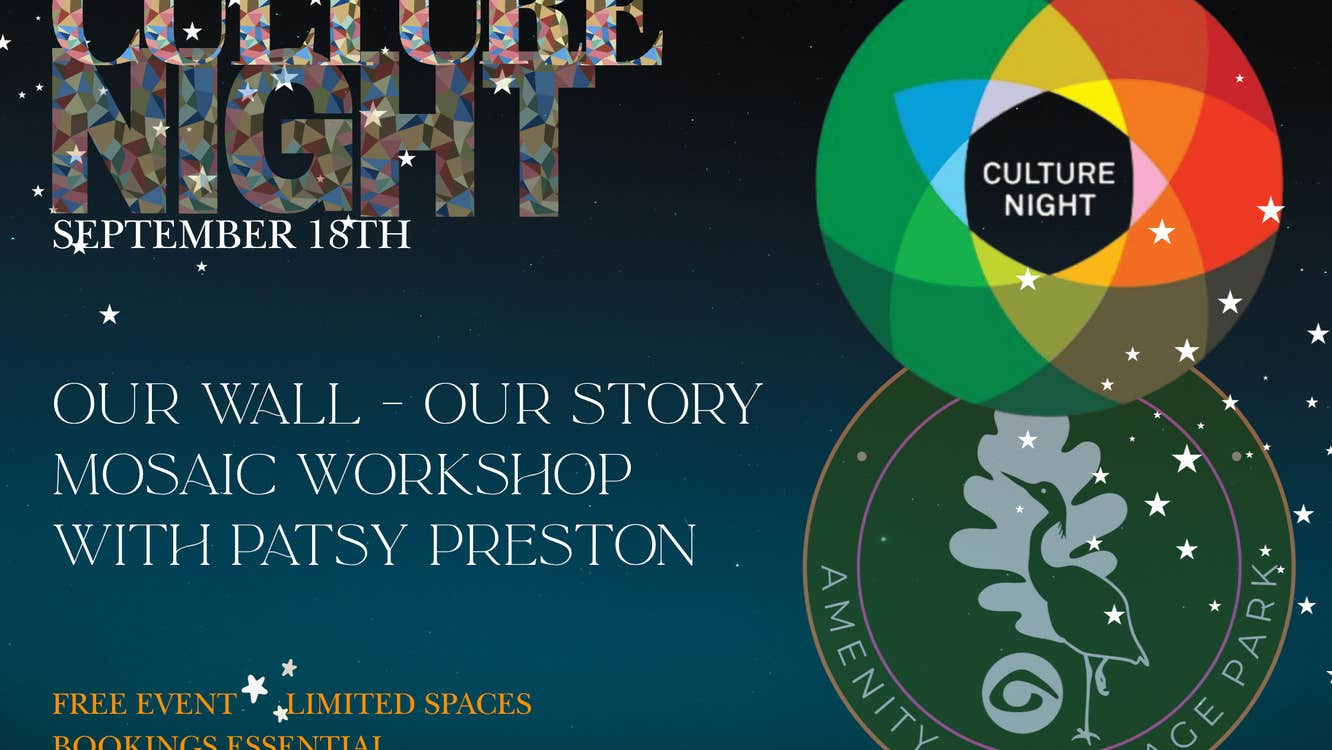 Culture Night 2026 at Dún na Sí: join artist Patsy Preston for an adults-only mosaic workshop. Create colourful artwork, explore new techniques and become part of Our Wall – Our Story. Free event, limited spaces. Booking essential.