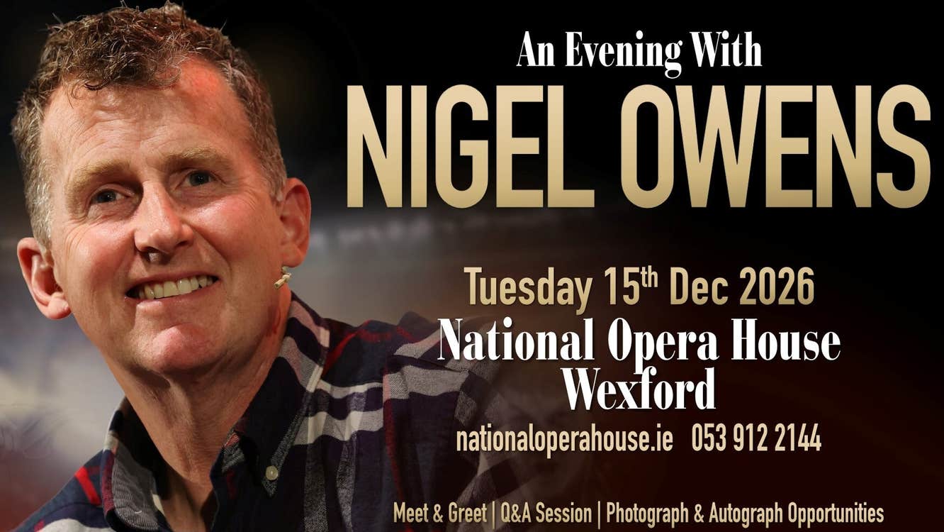 Poster for an evening with Nigel Owens, a smiling man beside large text.