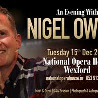 Poster for an evening with Nigel Owens, a smiling man beside large text.