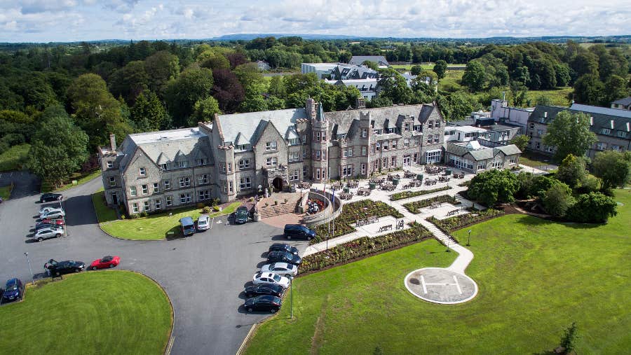 Aerial view of hotel.