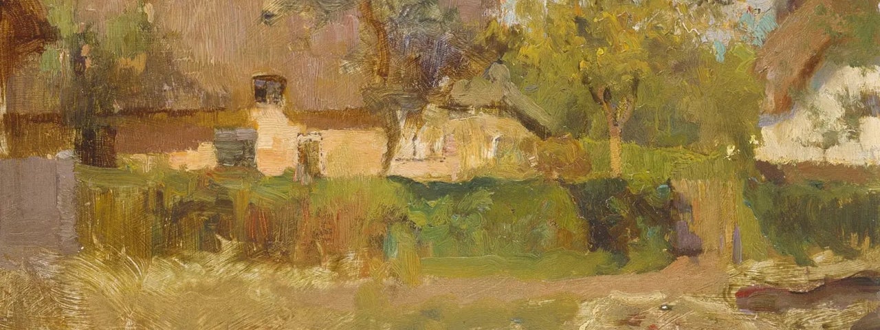 A painting in shades of dull green and browns of a cottage and garden.
