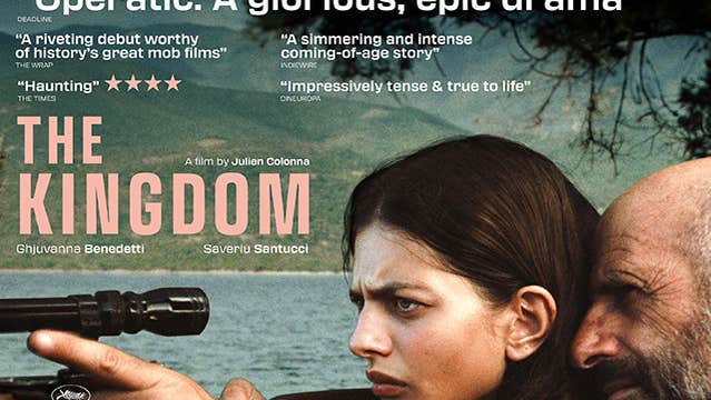 Cinema poster with text and a frowning woman looking through the sights of a rifle