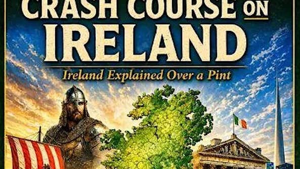 Part of colourful poster for Crash Course on Ireland with partial images of a map, a building, a viking and the stripy sail of a boat.