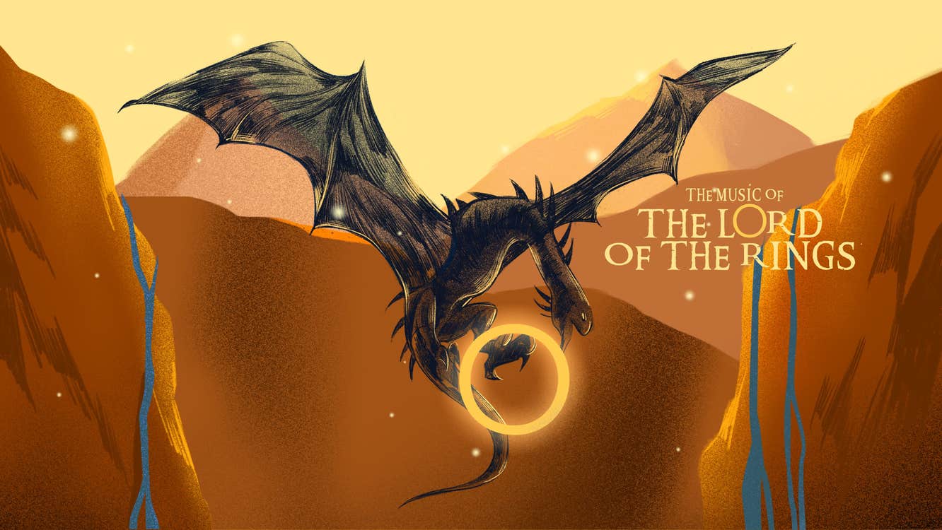 Music of the Lord of the Rings, cartoon type picture of a black, slim dragon in flight holding a large shiny gold ring in its claws.