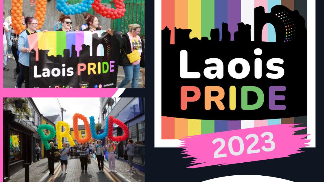 Collage image with 2 photos of people holding banners and balloons spelling out words and a third image of a black silhouette of a town with rainbow vertical stripes behind.